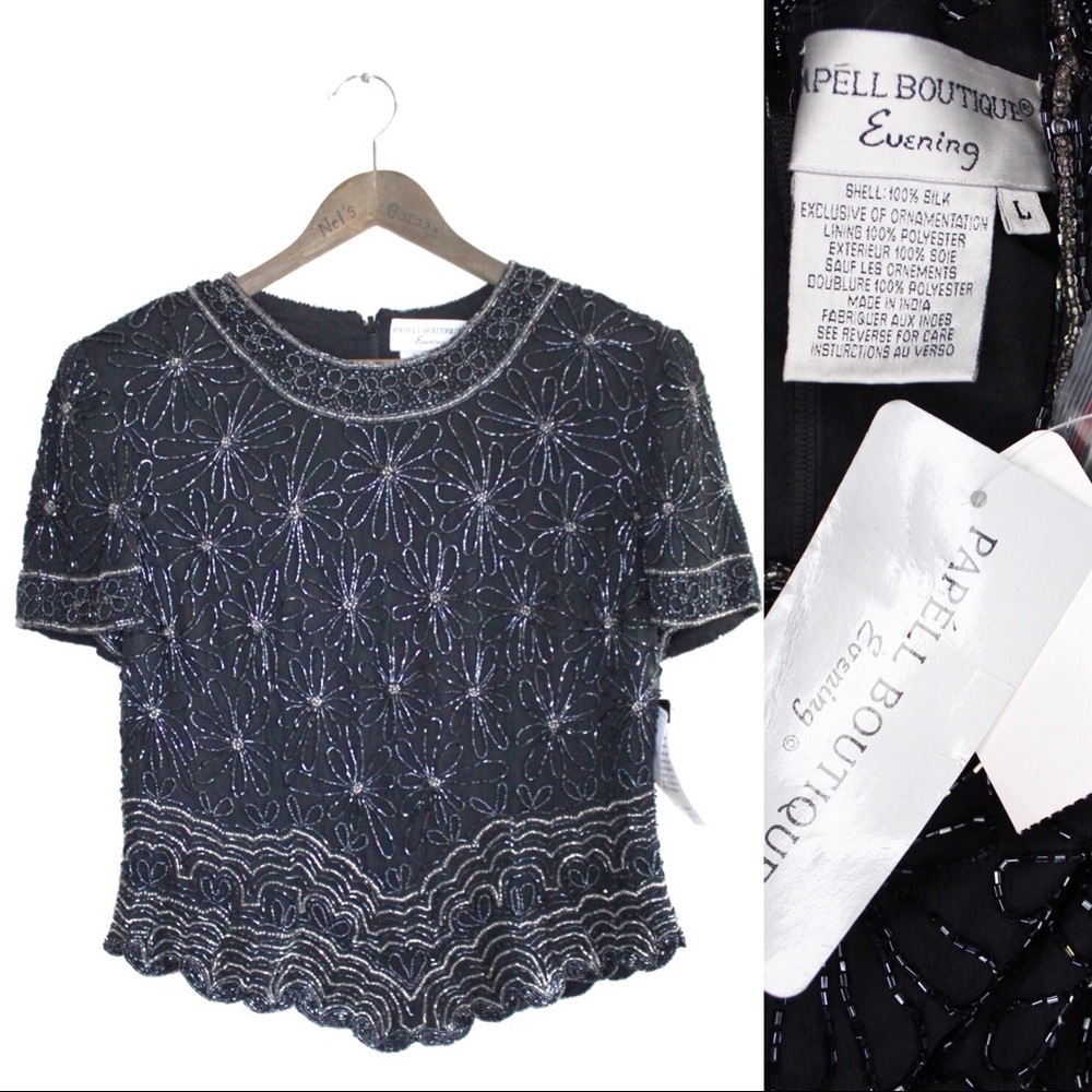 Adrianna Papell Silk Floral Intricate Beaded Top L